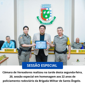 Imagem Destaque Sessão Especial do Legislativo marca os 22 anos do policiamento rodoviário da Brigada Militar de Santo Ângelo