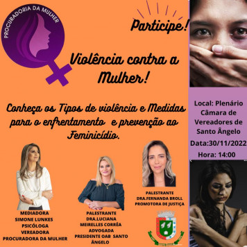 Imagem Destaque Procuradoria da mulher convida para encontro no dia, 30, em pauta: Violência contra mulher